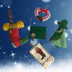 70s 80s Vintage Christmas Ornaments Embroidered Patchwork Beads Watkins Set Of 5